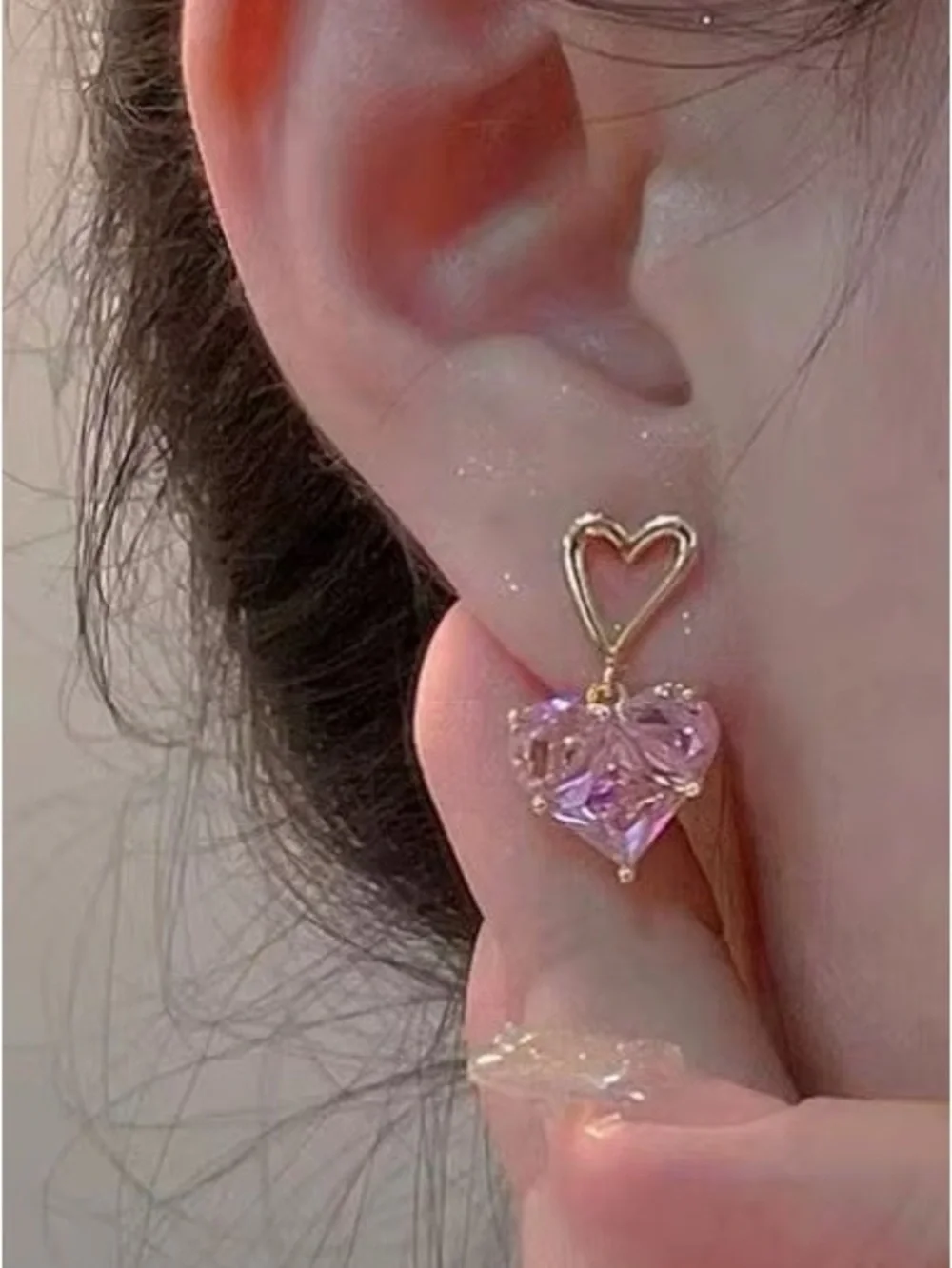 *** High Quality Gold Heart Drop Earrings with Pink Crystal Heart